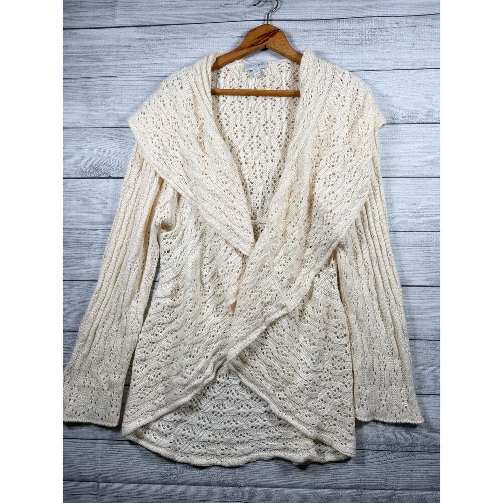 Fashion Bug Women's 1X Cream Pointelle Knit Waterfall Open Front Cardigan 4290